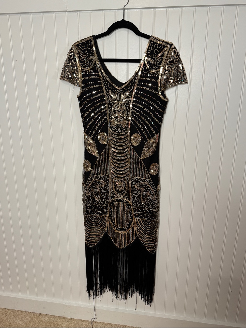 Black and Gold Beaded Fringe Flapper Dress with Cape